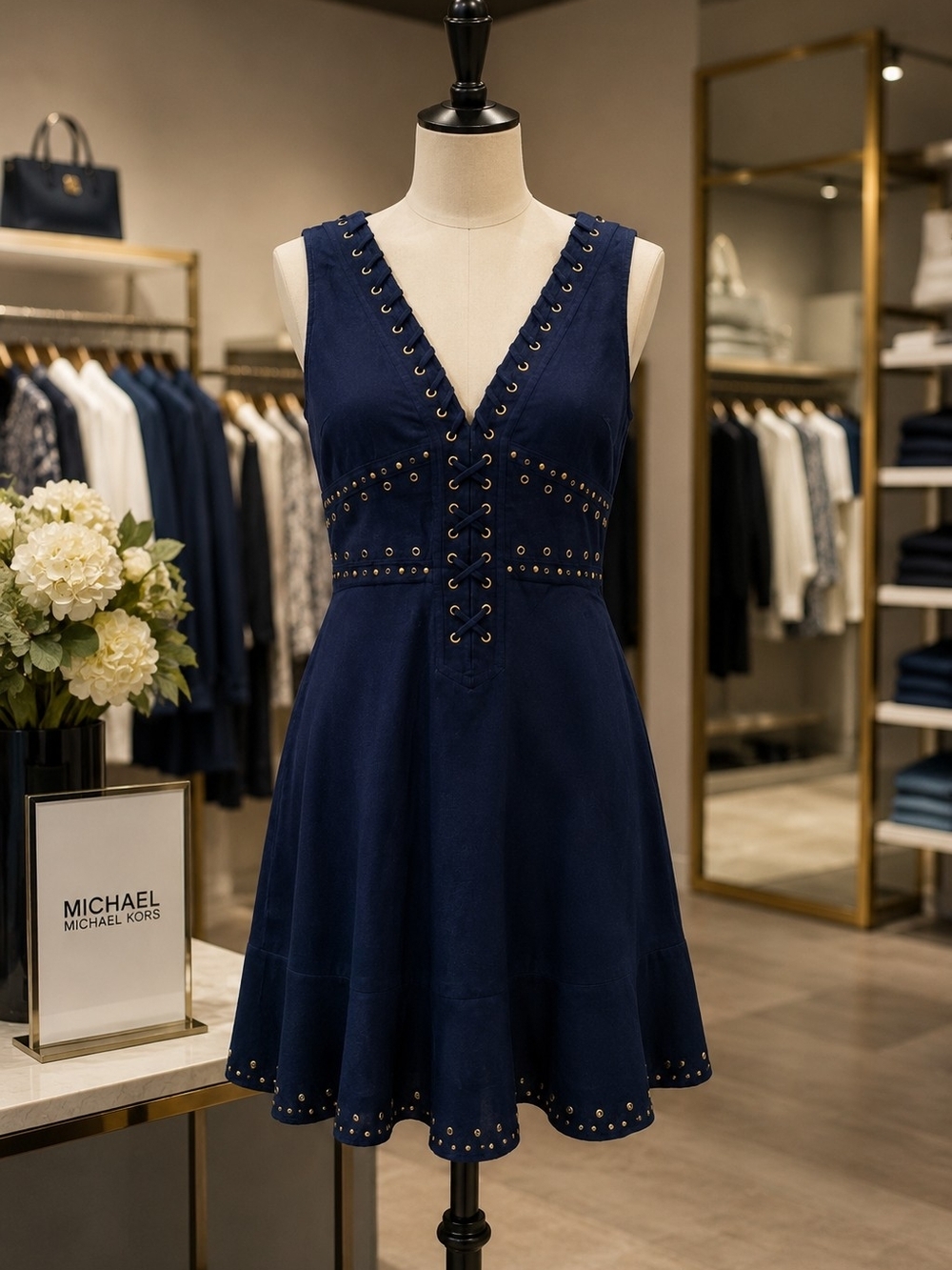 Michael Kors Navy Eyelet Lace-Up A-Line Dress